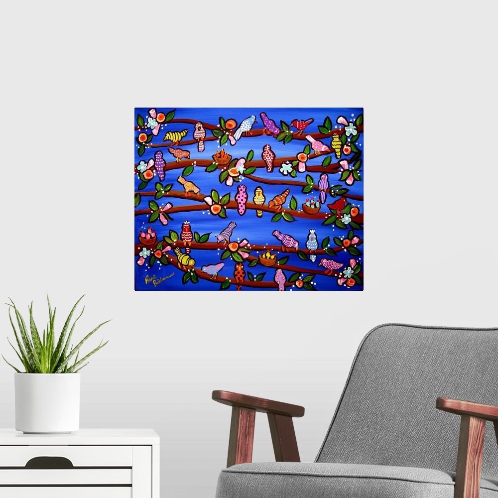 A modern room featuring Whimsical painting of colorfully designed birds perched on tree branches with a bright blue backg...