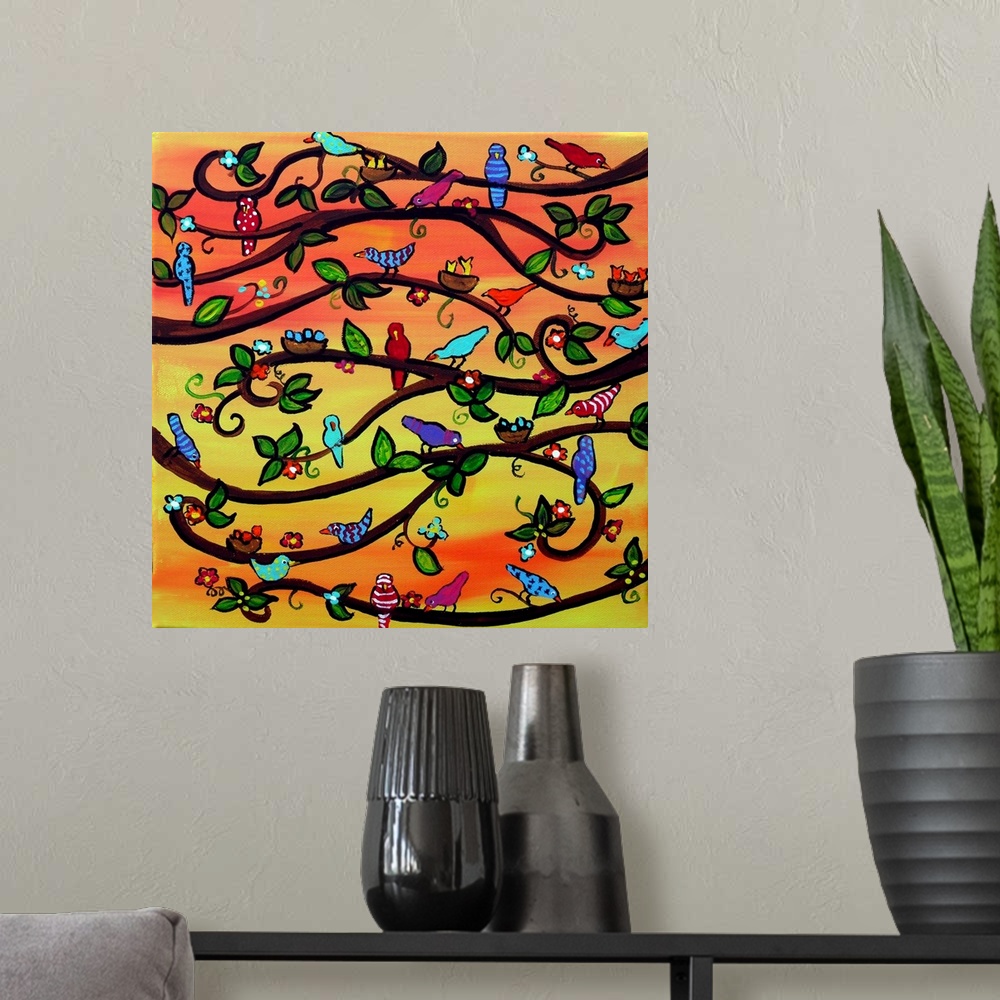 A modern room featuring Fun and funky scene with colorful birdies and blossoms against an orange and  yellow background.
