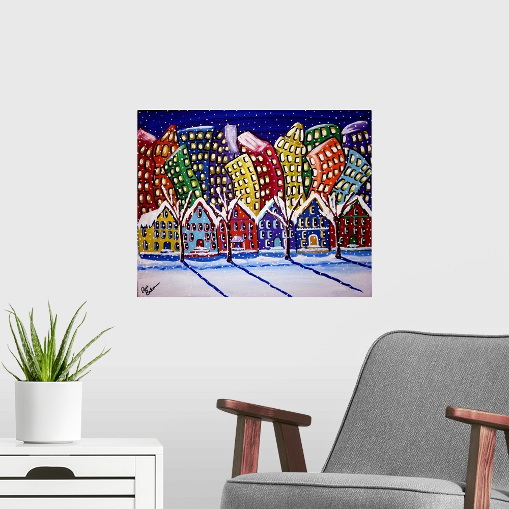 A modern room featuring Fun, funky colorful scene of a city neighborhood with the snow falling.