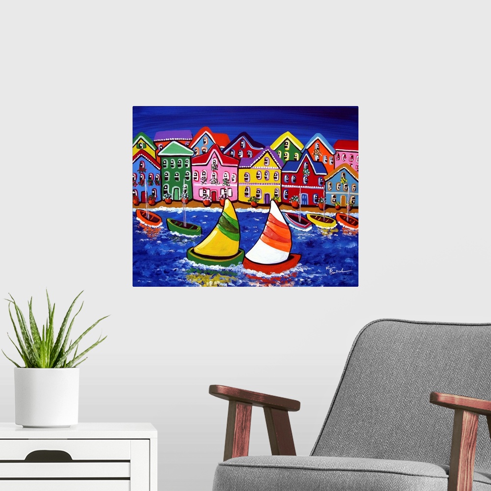 A modern room featuring Colorful buildings line the shoreline, while sailboats drift by.