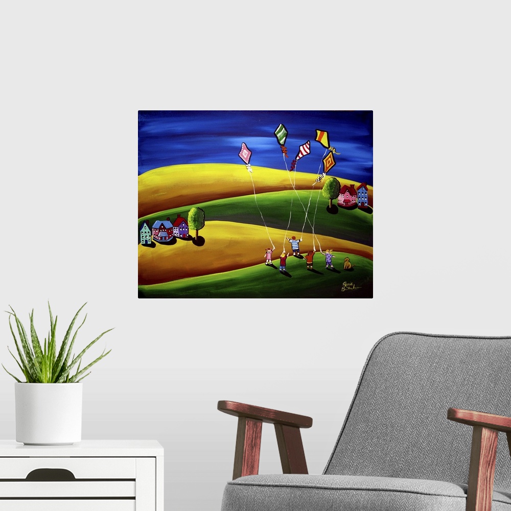 A modern room featuring Colorful, whimsical folk art with children flying kites against a deep blue sky.