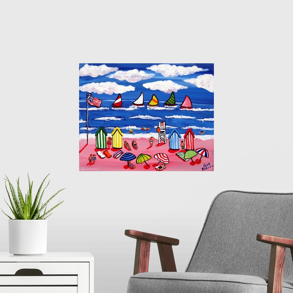 A modern room featuring Colorful and fun day at the beach.