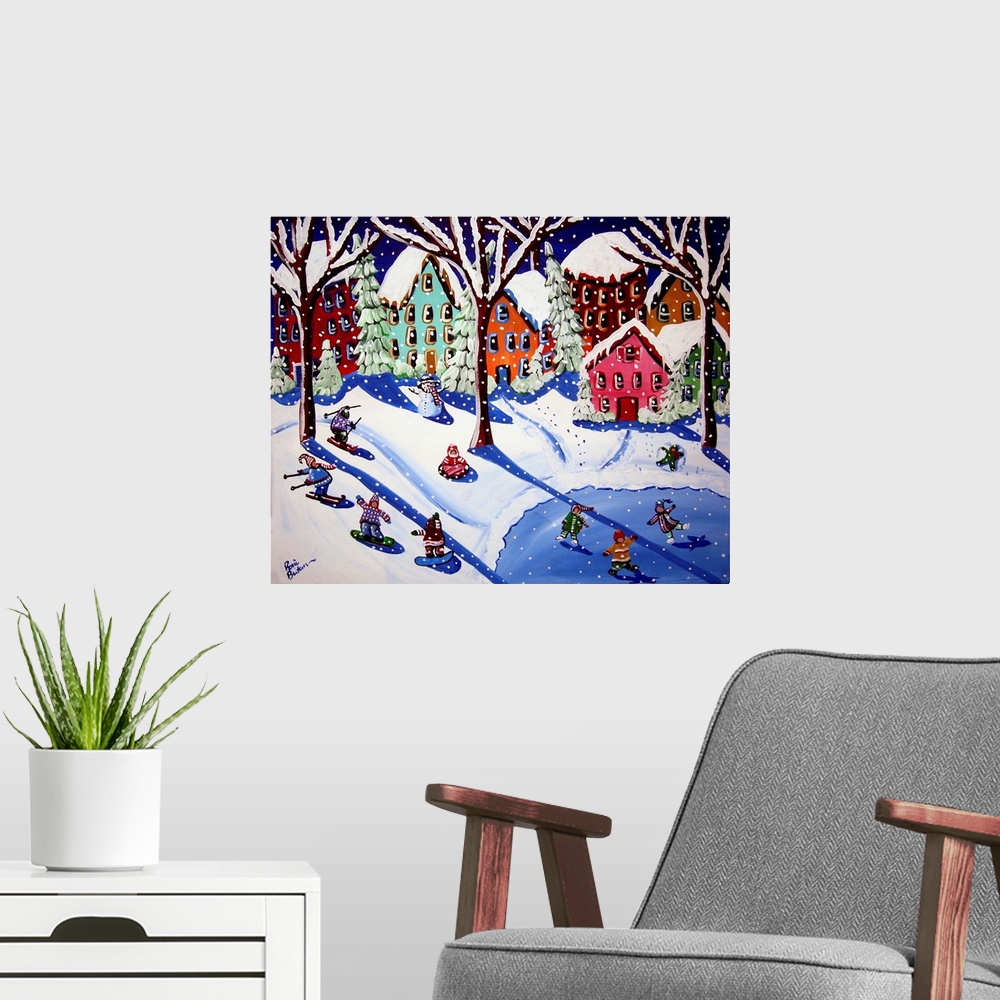 A modern room featuring This painting is recognizing all the kids who love winter sports and dream of going to the Olympi...