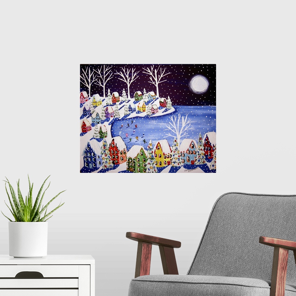 A modern room featuring Nice folk art piece with ice skaters, snow, whimsical houses, under a full moon.