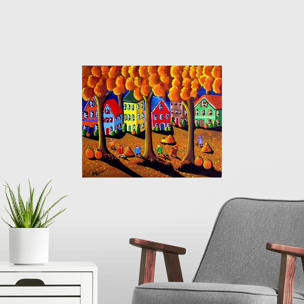 A modern room featuring Fun folk art piece with the neighborhood children who've gathered to rake leaves. They plan on ru...