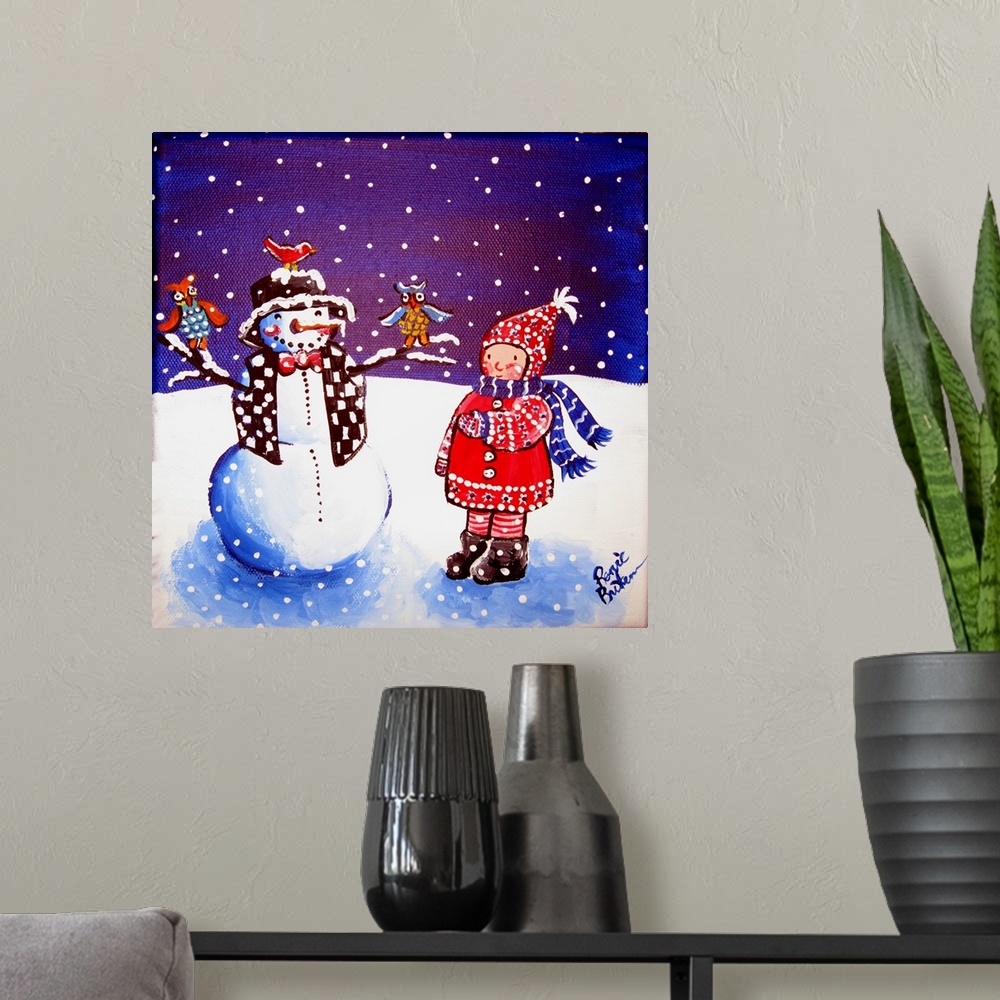 A modern room featuring A little girl looks at a snowman who has owls on his branch arms.