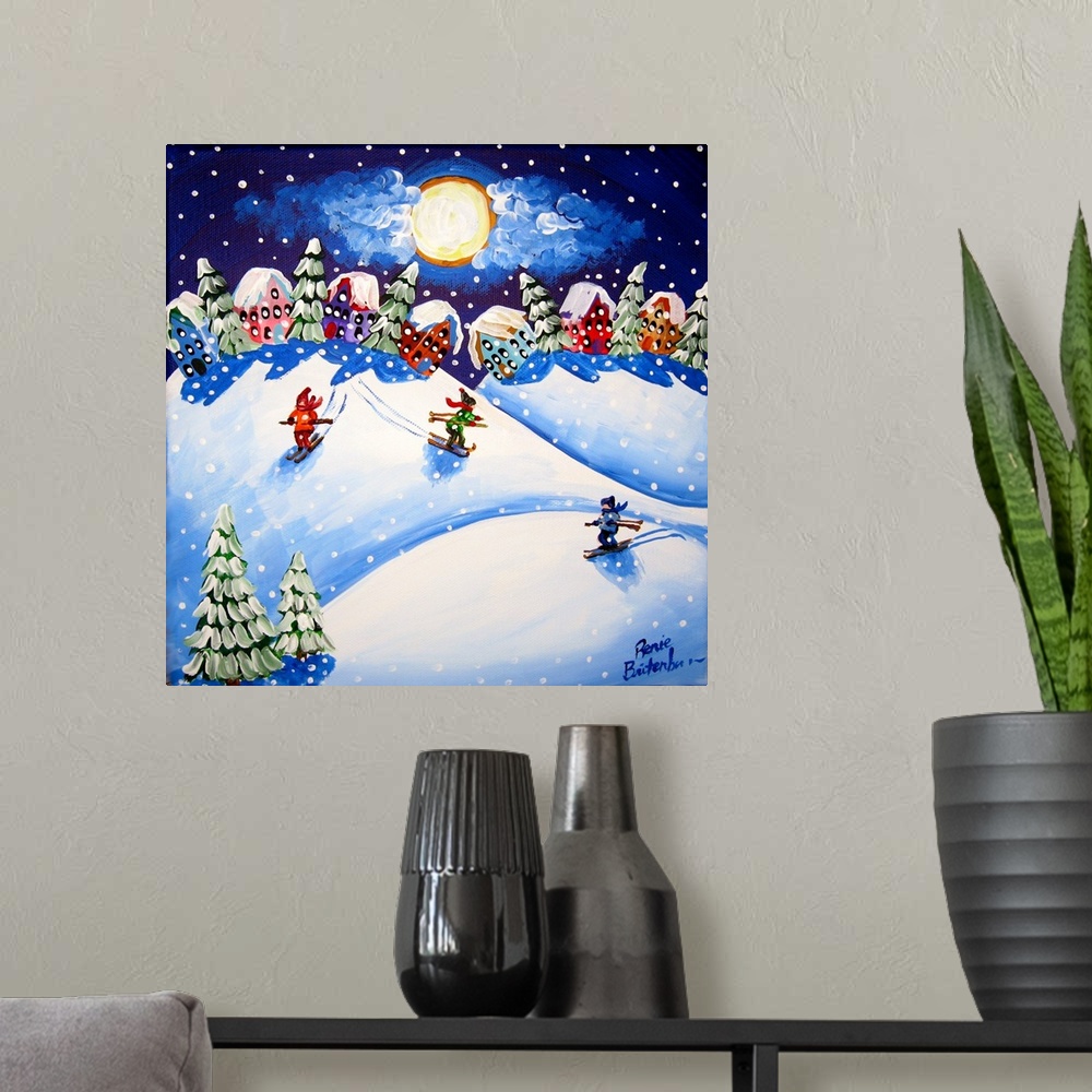 A modern room featuring Winter folk art with 3 skiers racing down the hills on the newly fallen snow.