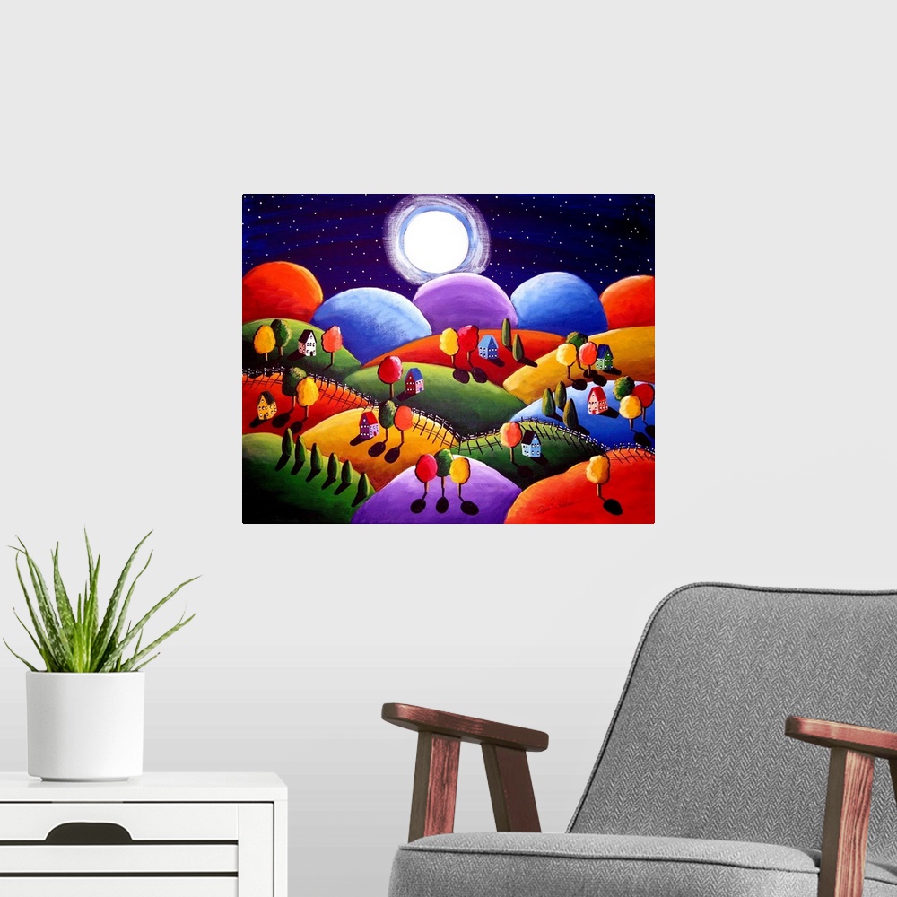 A modern room featuring Whimsical painting of cozy little houses and trees on rolling hills under a full moon sky.