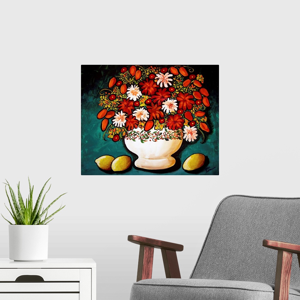 A modern room featuring Still life painting with potted Autumn colored flowers on a teal background with lemons on the side.