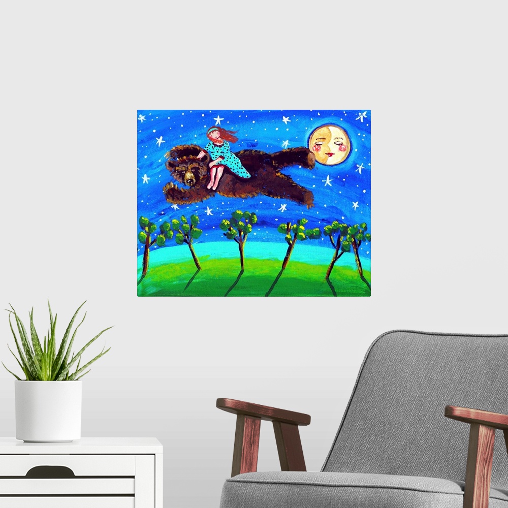 A modern room featuring A magical scene with a girl riding a bear through the night sky.