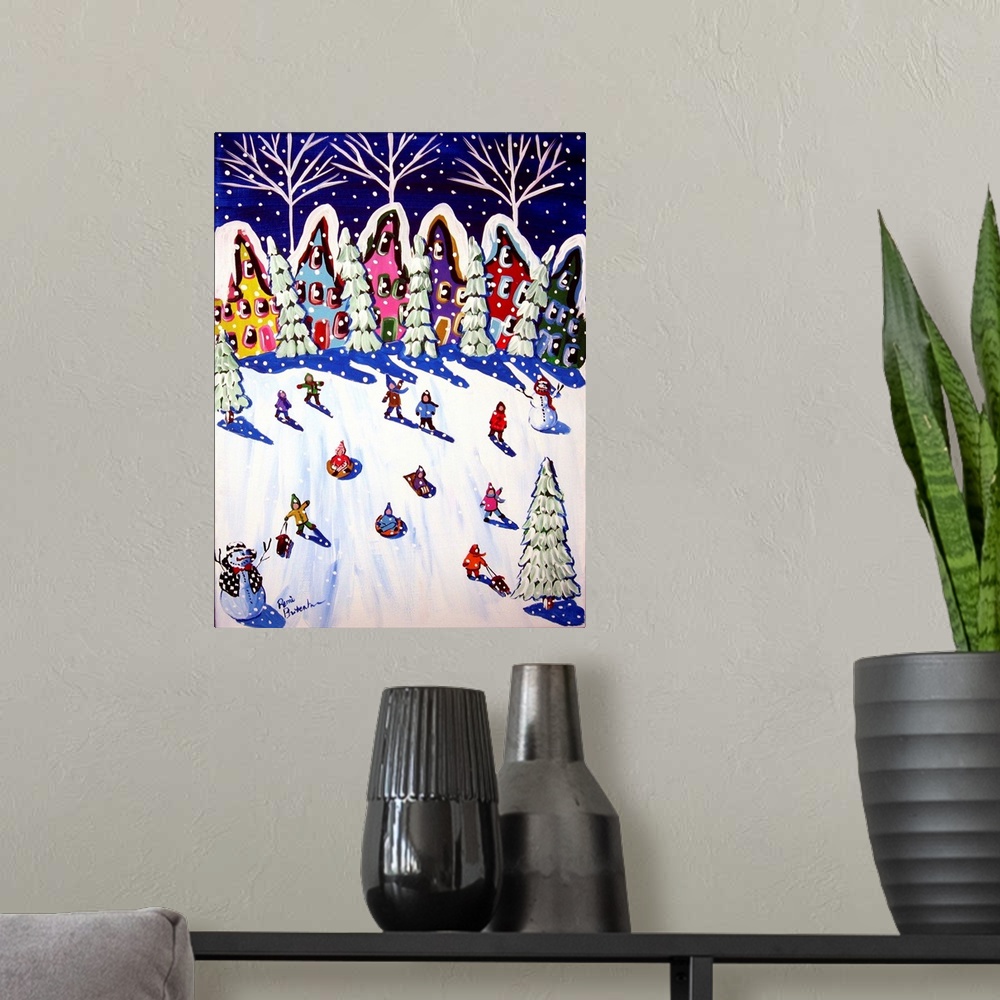 A modern room featuring Winter folk art scene with kids enjoying the snow, sledding down the hill.