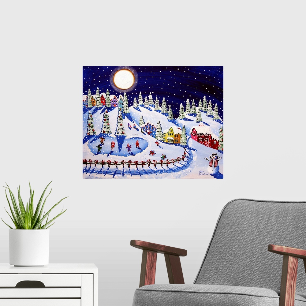 A modern room featuring Another in a series of paintings in tribute to Vince Guaraldi. Fun, whimsical folk art winter scene.