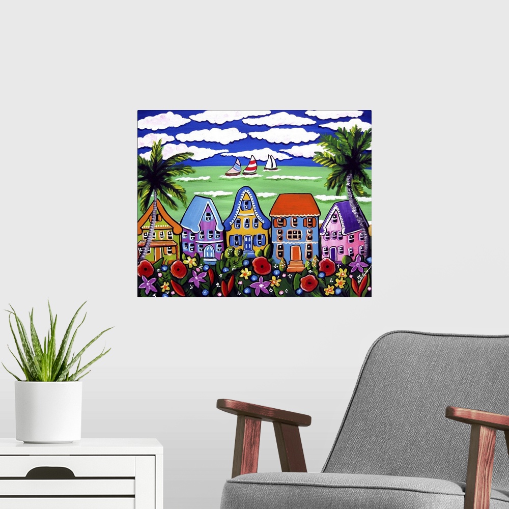 A modern room featuring Fun, whimsical, colorful beach scene, reminiscent of Key West.
