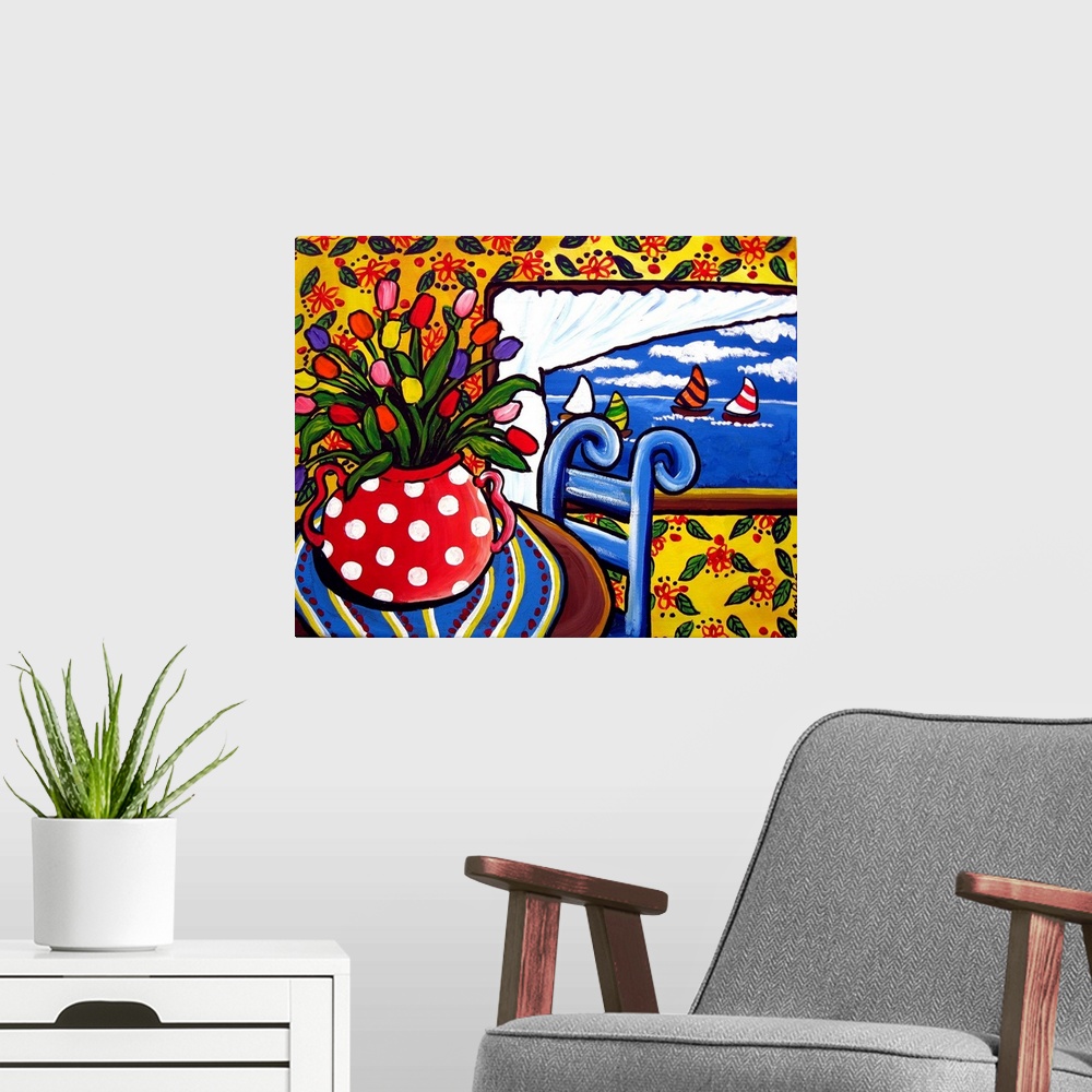 A modern room featuring Still life with tulips looking out of a window showing sailboats drifting by.