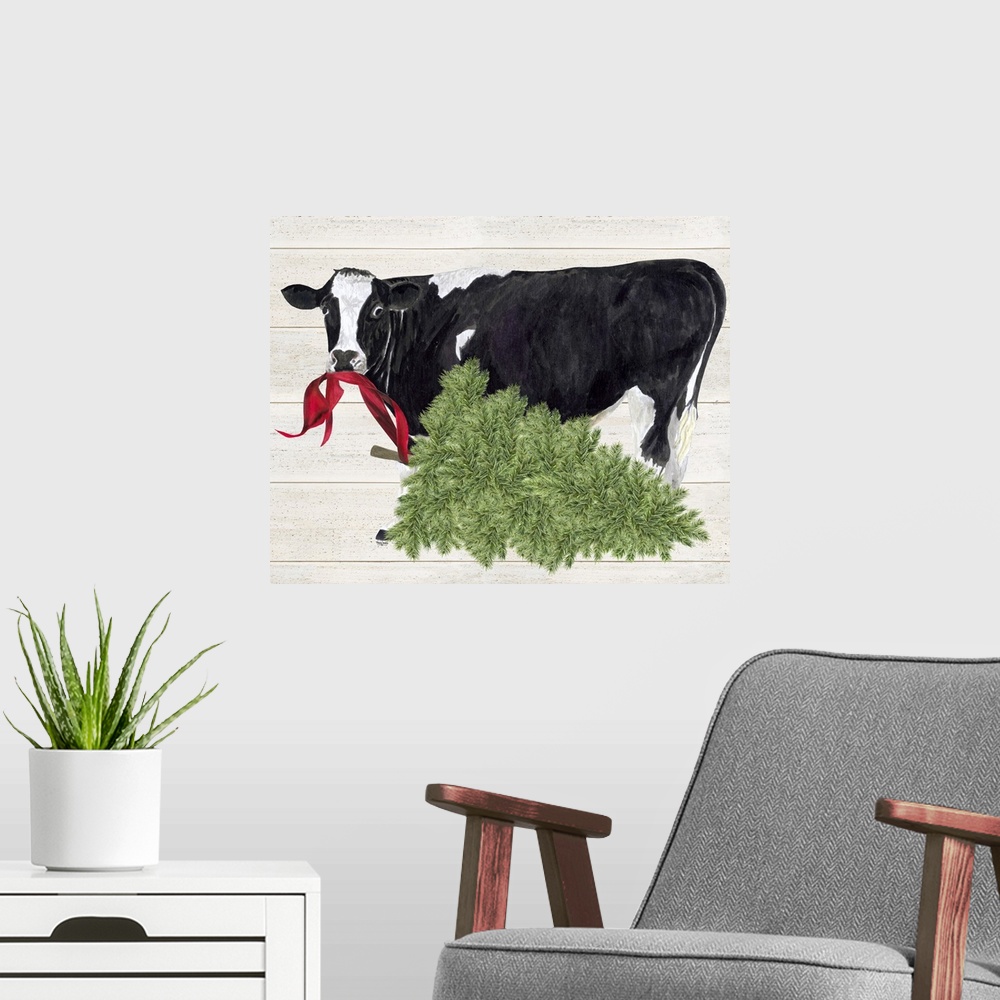 A modern room featuring Christmas on the Farm II Cow with Tree