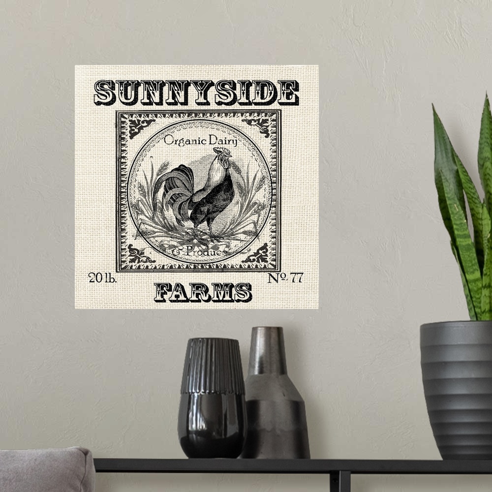 A modern room featuring Farmhouse Grain Sack Label Rooster