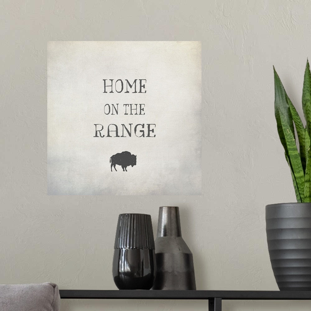 A modern room featuring "Home on the Range" with a bison on a light gray background.