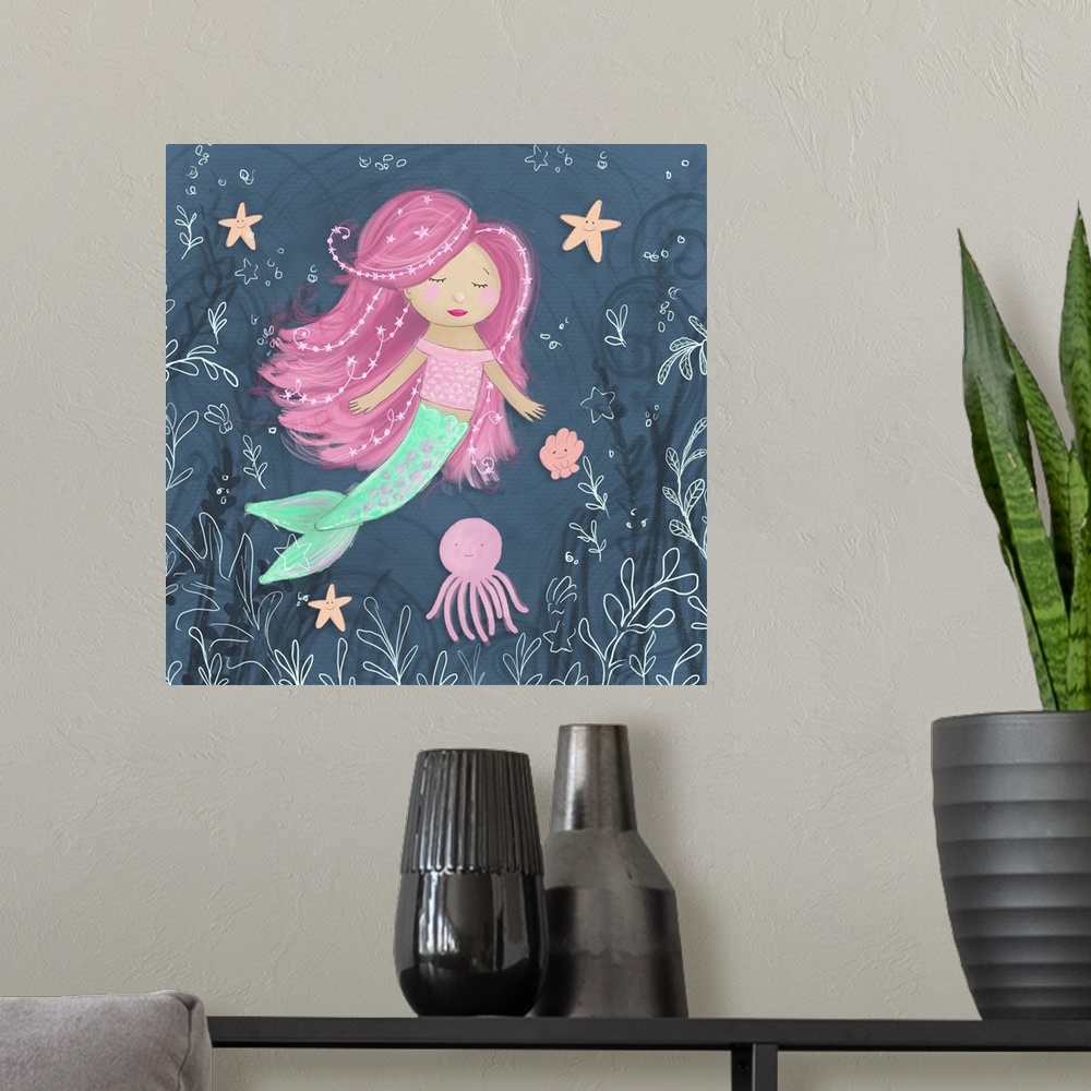 A modern room featuring Mermaid and Octopus Navy I