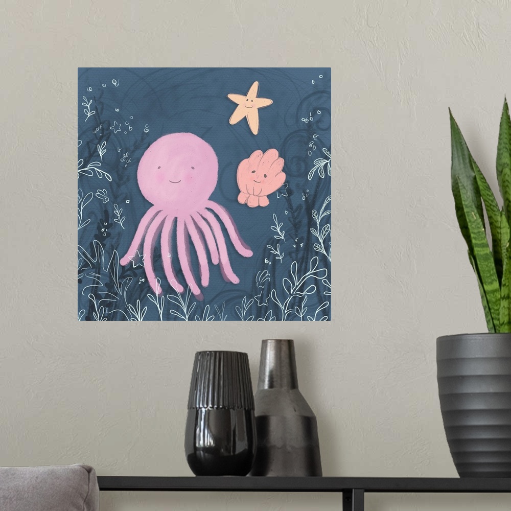 A modern room featuring Mermaid and Octopus Navy II