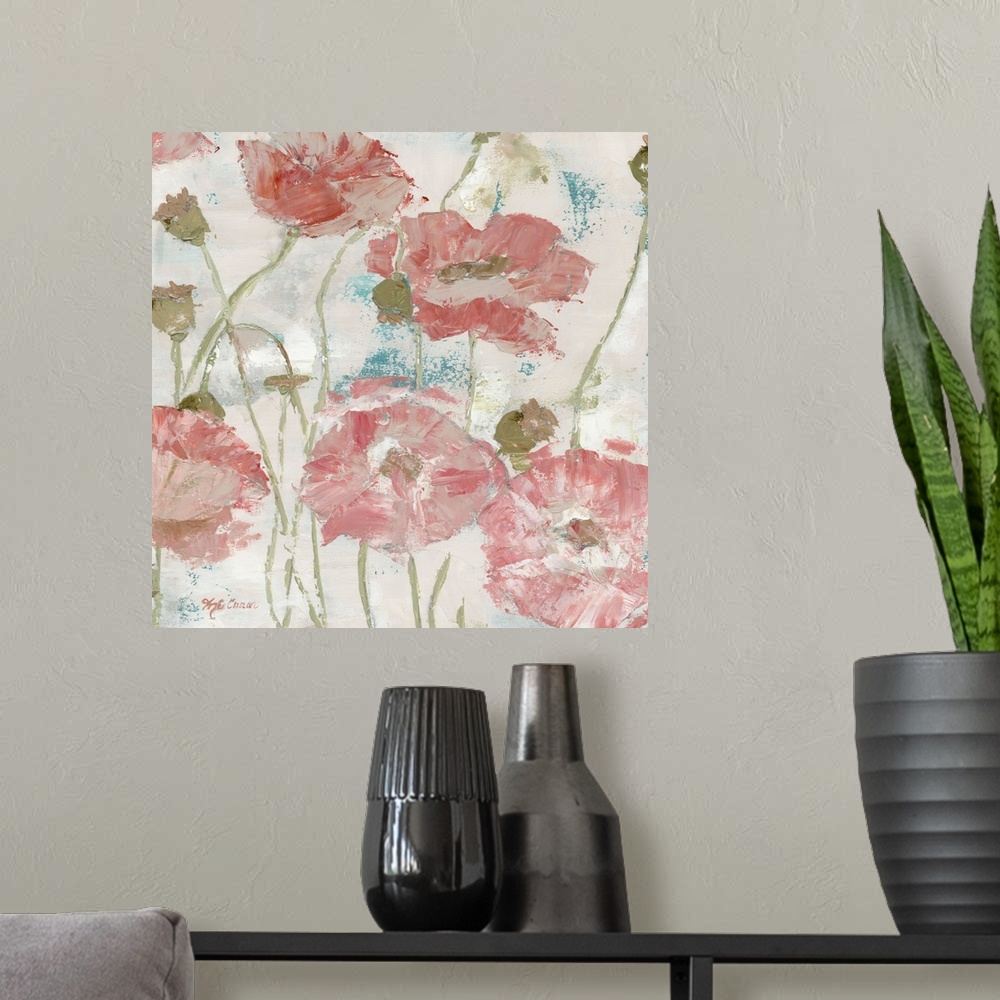 A modern room featuring Contemporary painting of a group of red poppies in faded tones on a neutral backdrop.