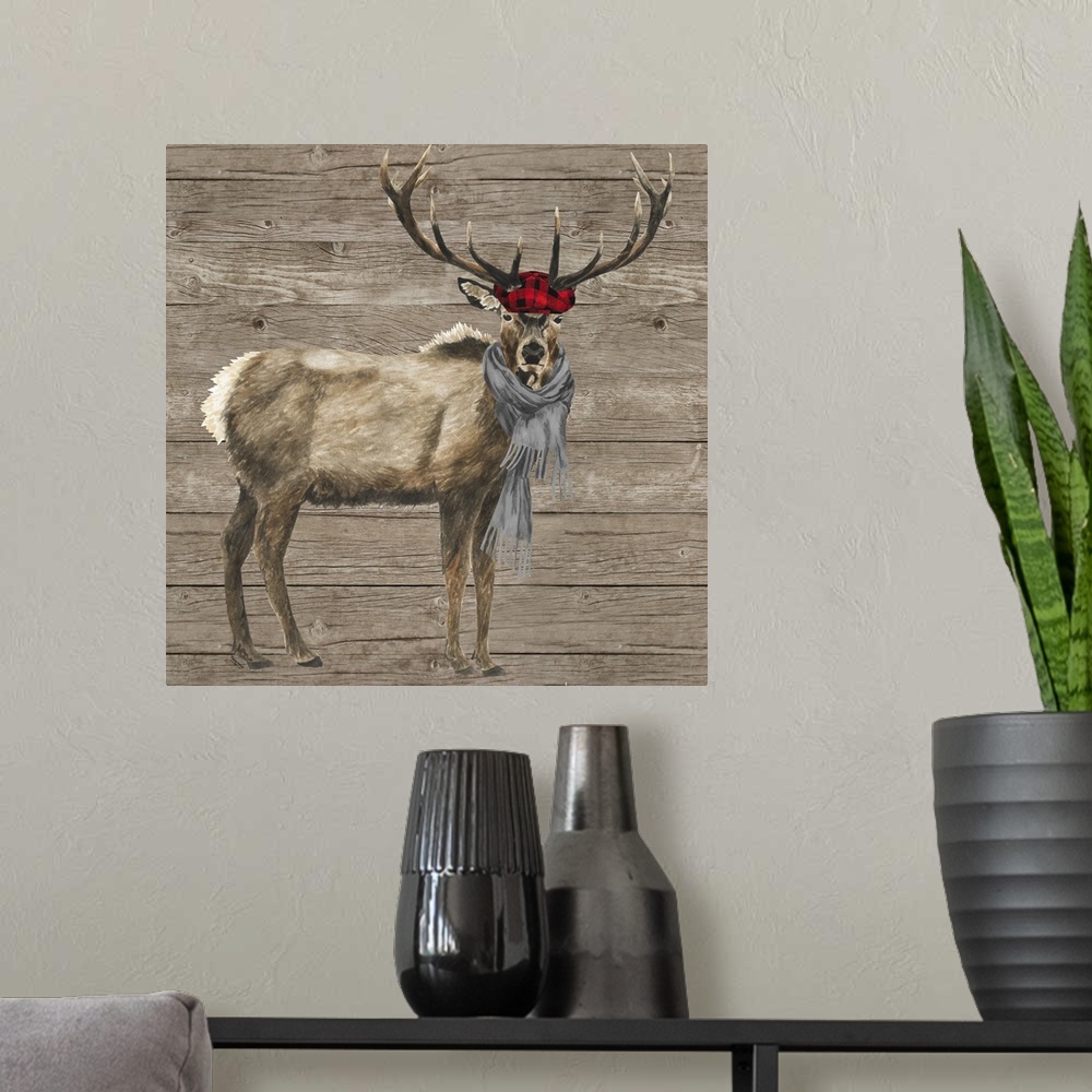 A modern room featuring Decorative image of a buck wearing a plaid cap and gray scarf against a wood panel backdrop.