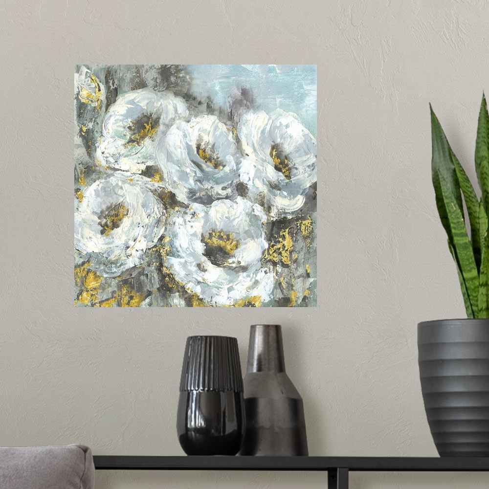 A modern room featuring Square contemporary painting of a group of white flowers with a textured effect and gold accents.