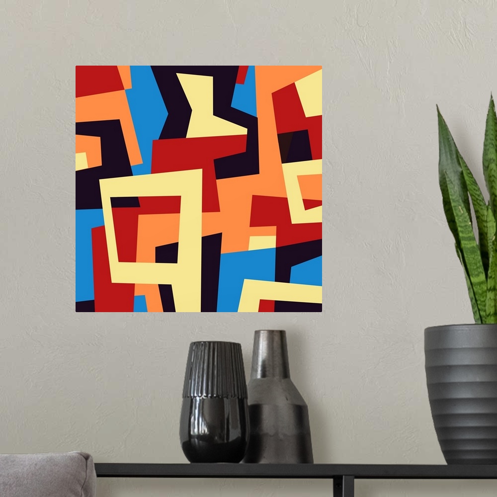 A modern room featuring Modern geometric abstract design in red, blue and yellow.