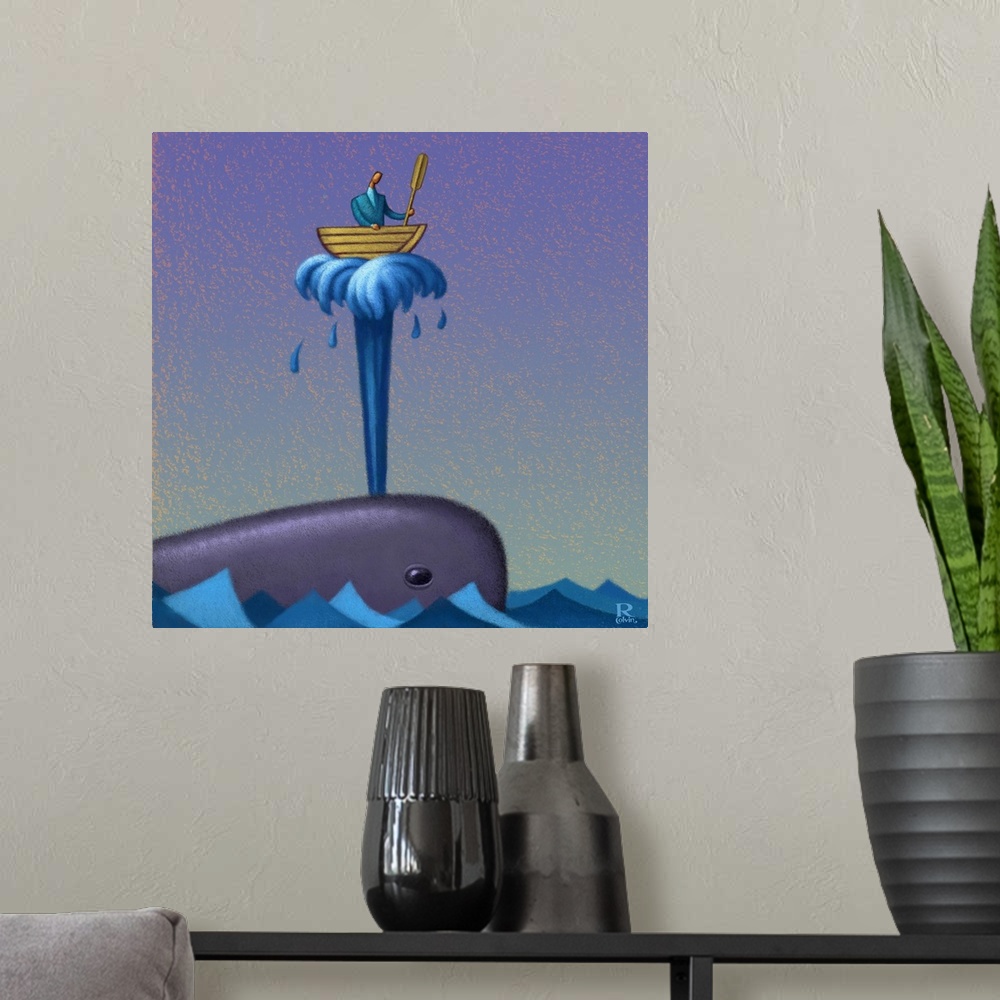 A modern room featuring Digital painting of a whale spouting water with a man in a rowboat on top.