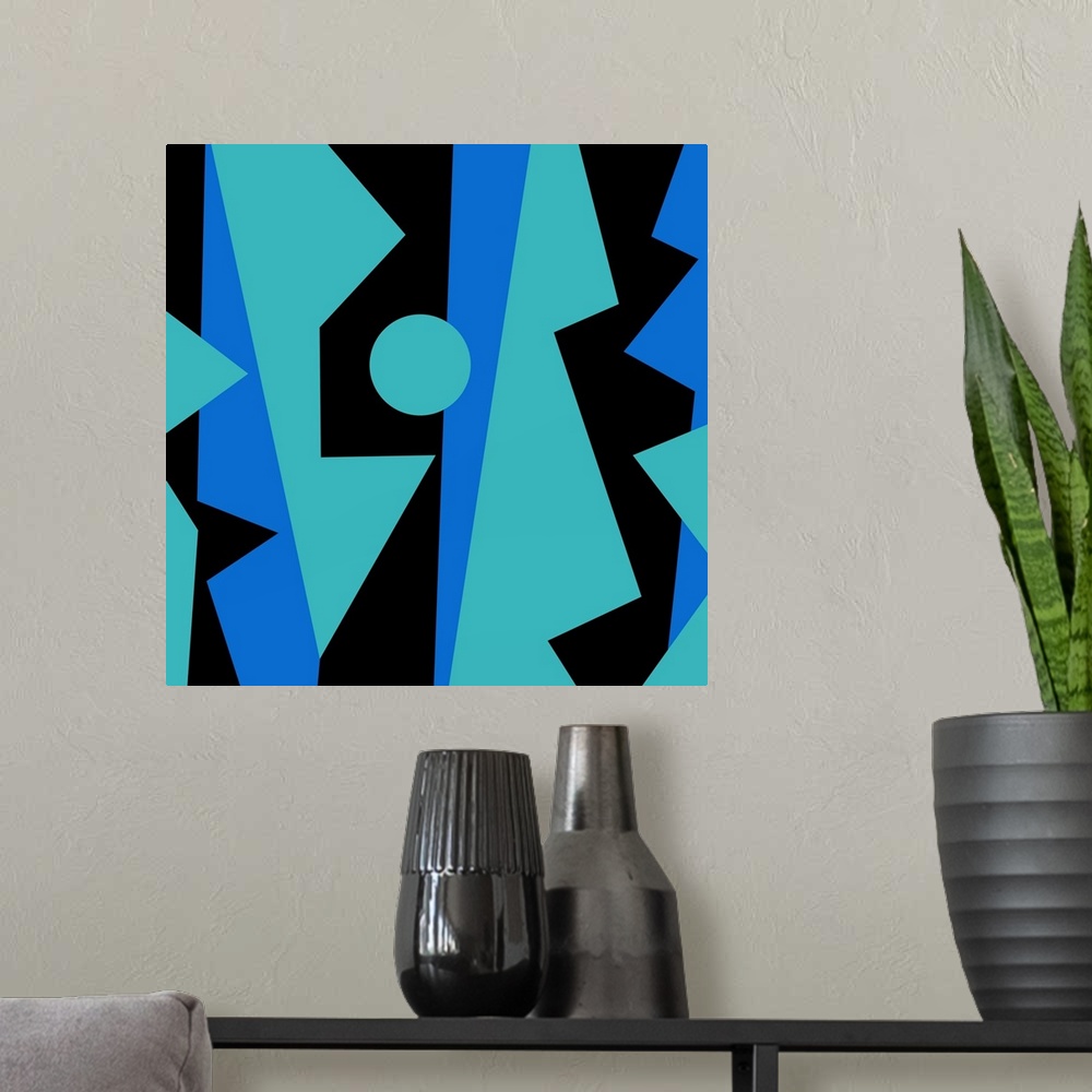 A modern room featuring Geometric abstract design in blue and black.