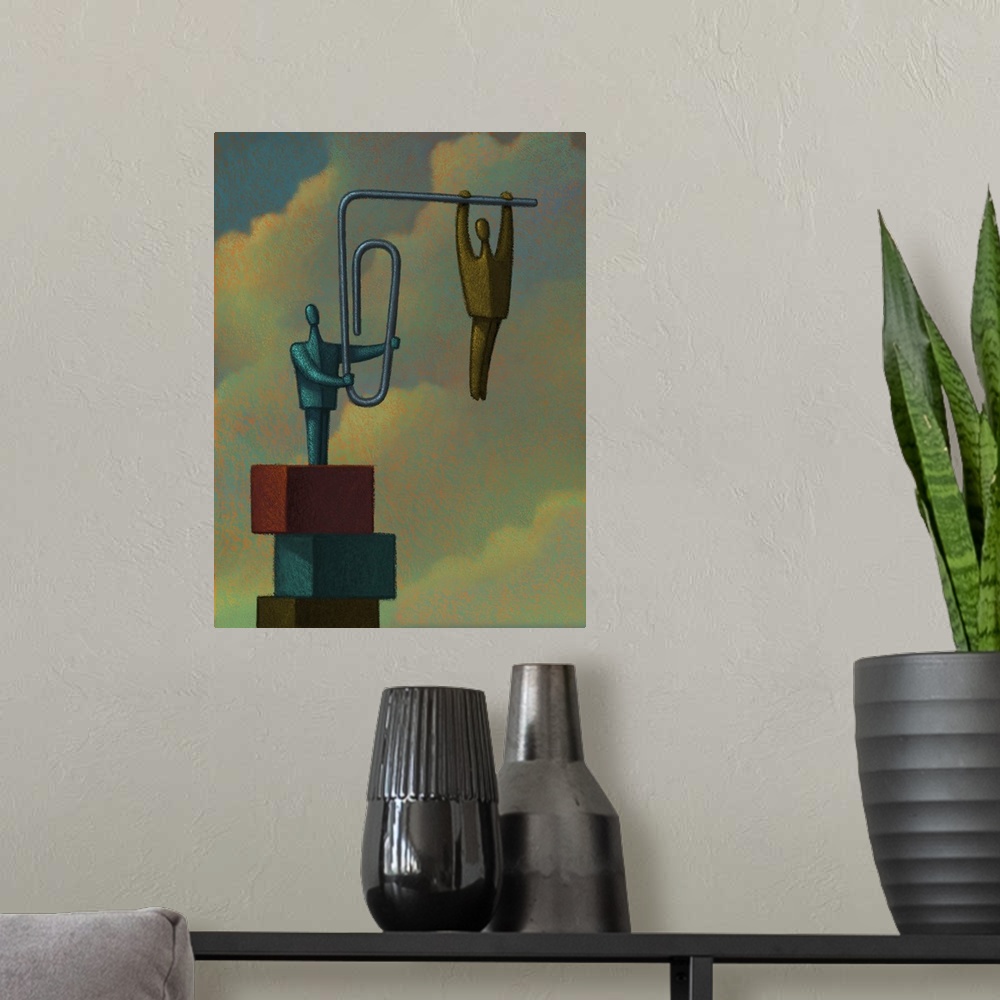 A modern room featuring Conceptual painting of a figure strung out on the end of a bent paper clip.