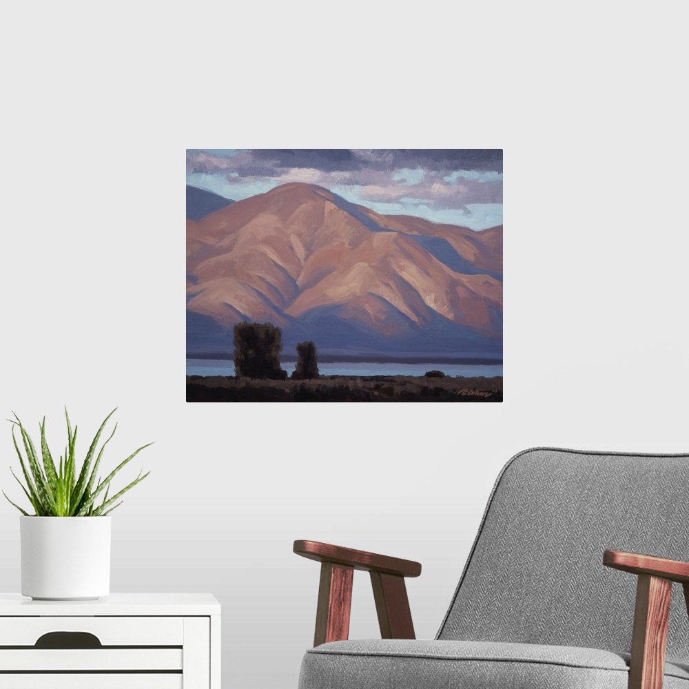 A modern room featuring Landscape painting of the Great Salt lake as seen from Farmington bay, Utah.
