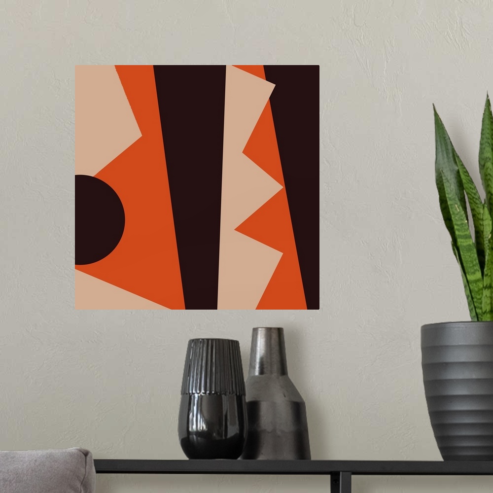 A modern room featuring Geometric abstract design in black and orange.