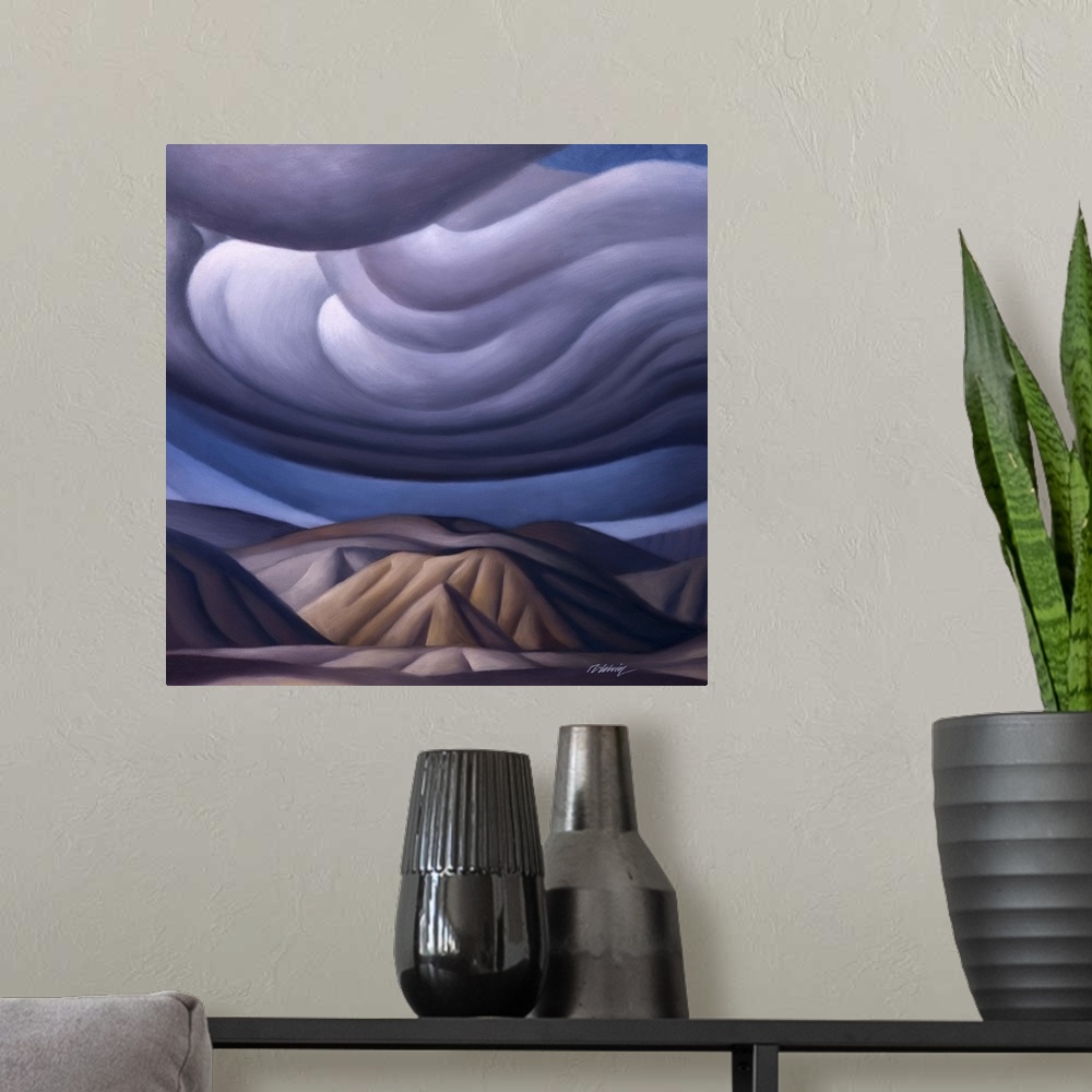 A modern room featuring Landscape painting of mountains and swirling clouds.