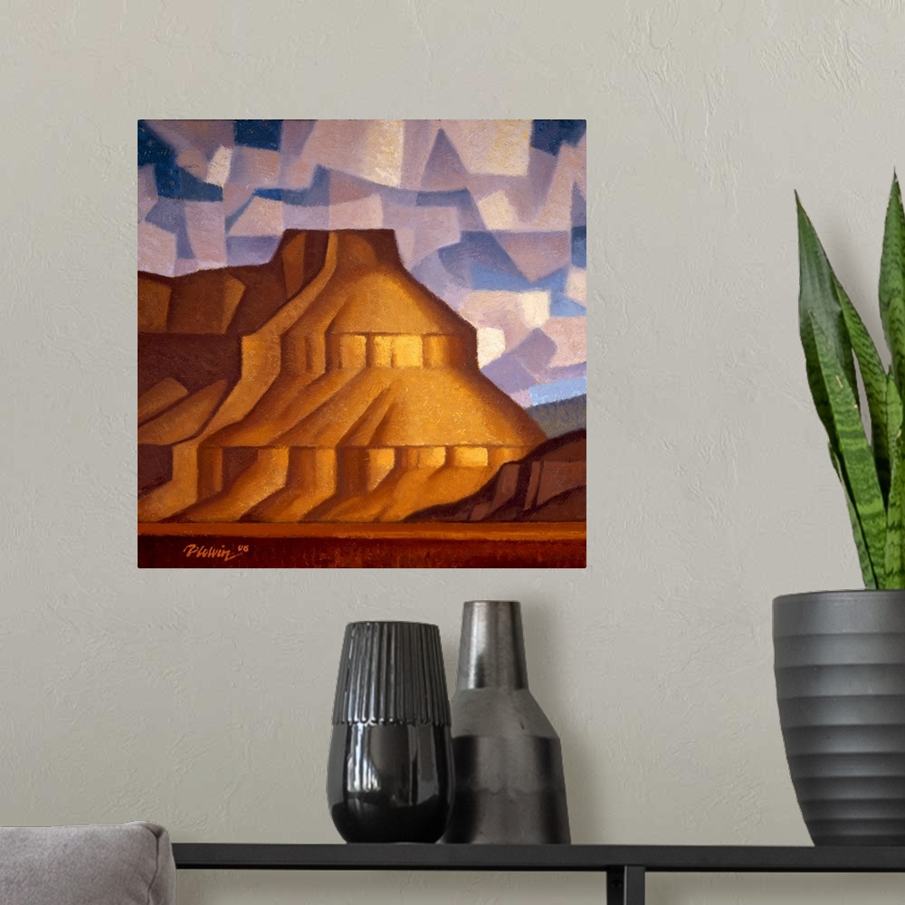 A modern room featuring Contemporary painting of Pinnacle Bench Mesa, an American Southwest desert scene in a cubist styl...