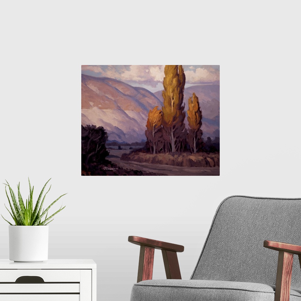 A modern room featuring Purple toned landscape painting of evening light on the Wasatch Mountains.