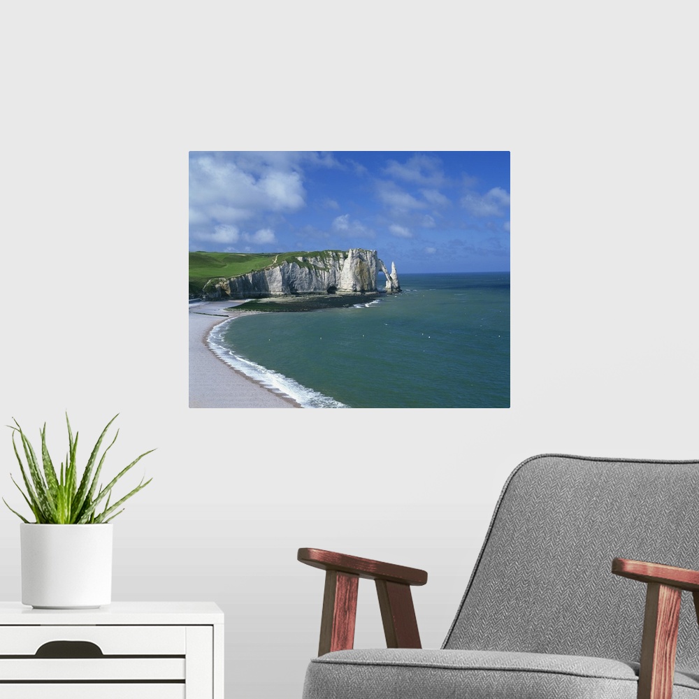 A modern room featuring Beach, cliffs and rock arch, known as the Falaises, Haute Normandie, France