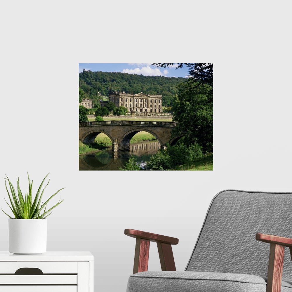 A modern room featuring Chatsworth House, Derbyshire, England, UK