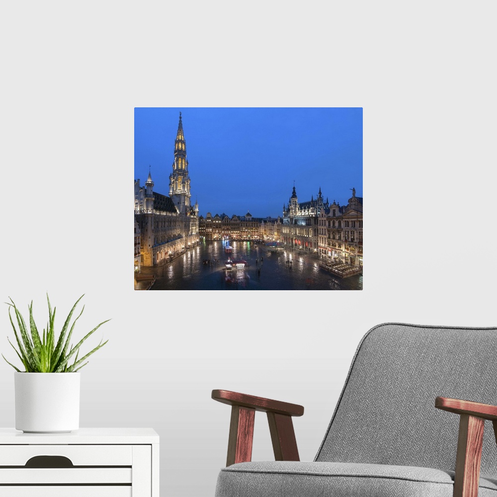 A modern room featuring Grand Place dusk, UNESCO World Heritage Site, Brussels, Belgium, Europe.