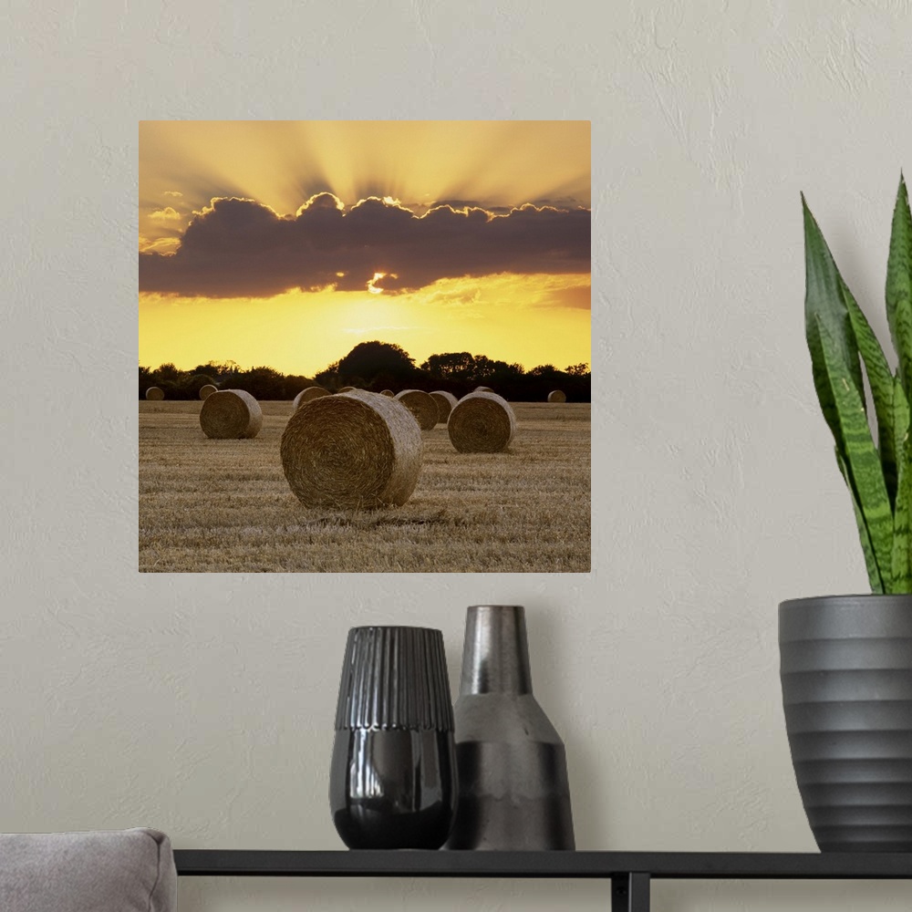 A modern room featuring Hay bales at sunset, East Sussex, England, UK