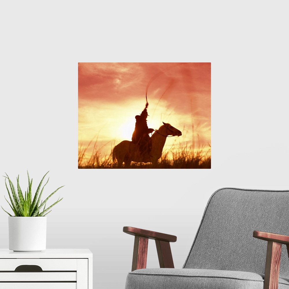 A modern room featuring Profile of a stockman on a horse against the sunset, Queensland, Australia, Pacific