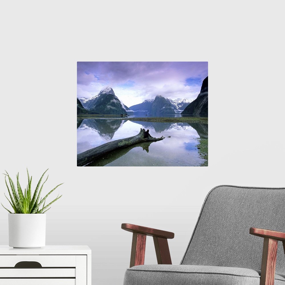 A modern room featuring Reflections and view across Milford Sound to Mitre Peak, Fiordland, New Zealand