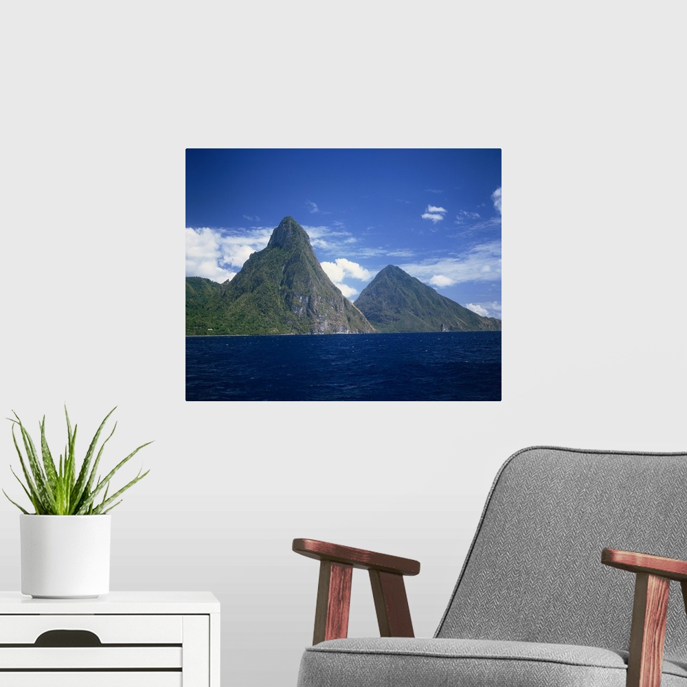 A modern room featuring The Pitons, St. Lucia, Windward Islands, West Indies, Caribbean, Central America