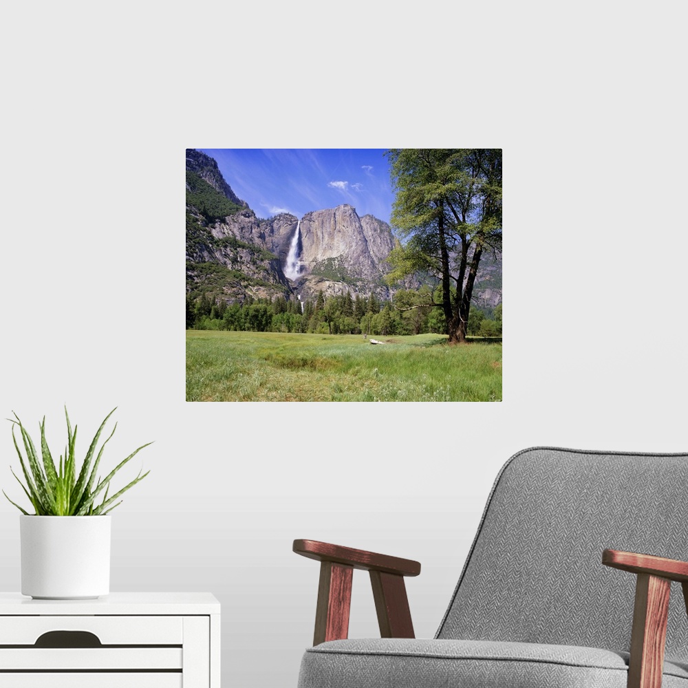 A modern room featuring Upper Yosemite Falls, Yosemite National Park, California