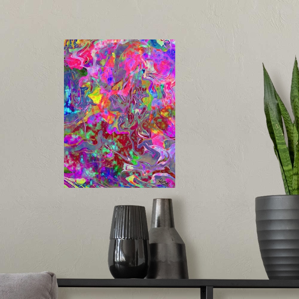 A modern room featuring Pink and purple based abstract art with bright colors swirled and formed together.