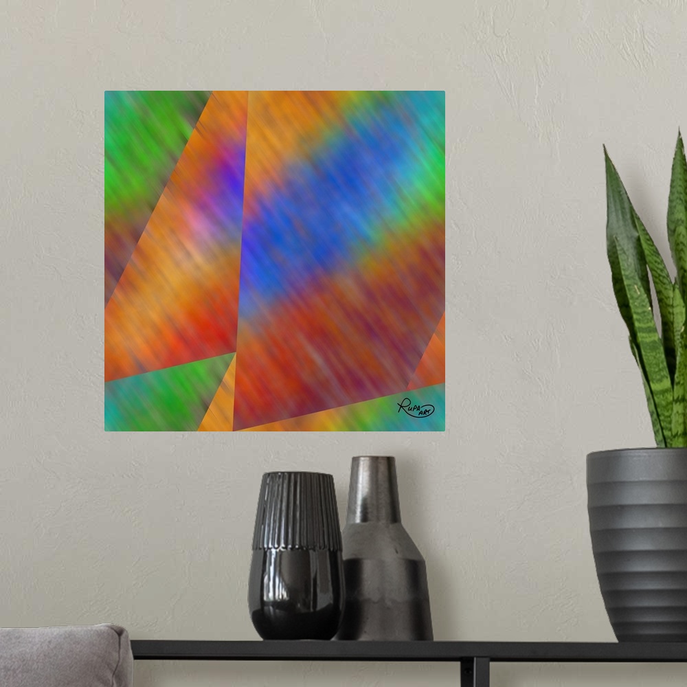 A modern room featuring Square abstract art with angles of gradient color patterns.