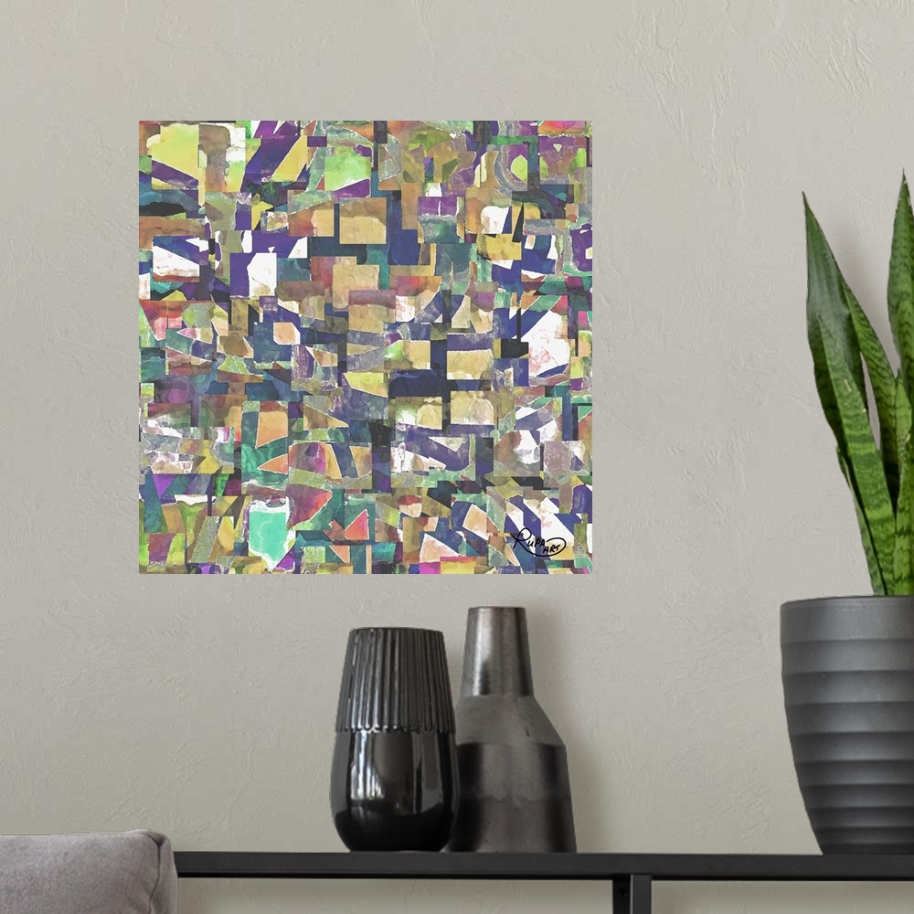 A modern room featuring Square abstract art made out of  straight-edged sections of color collaged together creating laye...