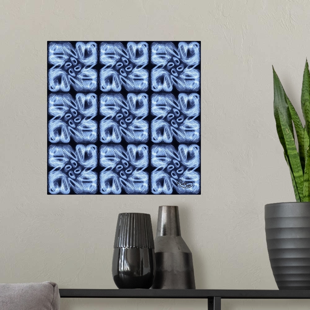 A modern room featuring Square artwork with a repetitive pattern of brush stroked circles in blue and white.