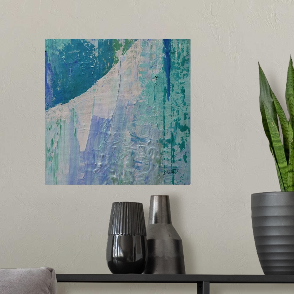 A modern room featuring Square cool toned abstract painting with different shades of blue and hints of green layered on t...