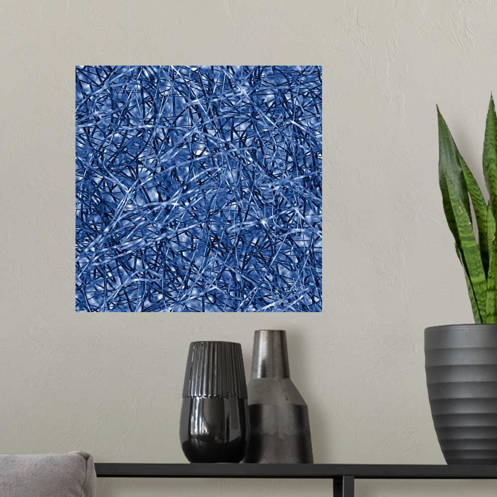 A modern room featuring Contemporary abstract painting using a light navy blue in continuous interweaving webs.