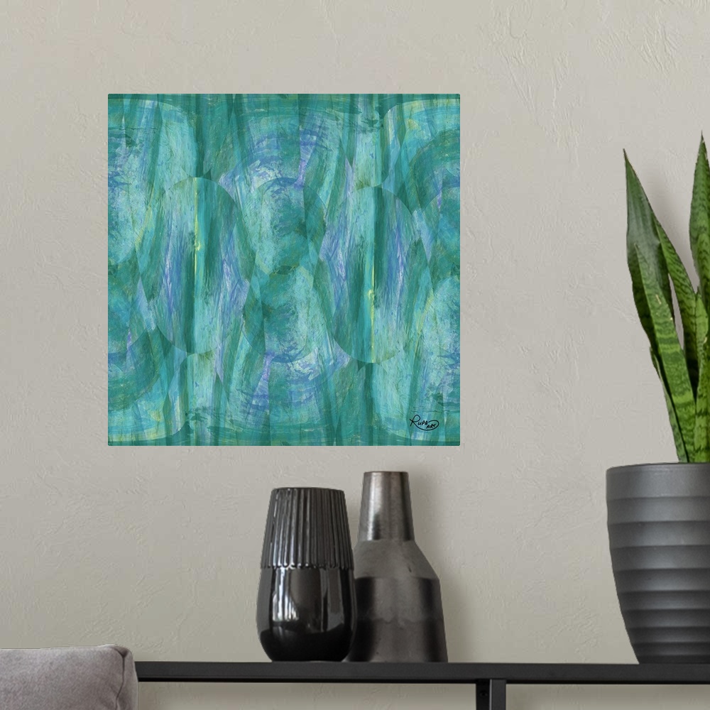 A modern room featuring Square abstract painting in textured brush strokes of blue, purple and green.